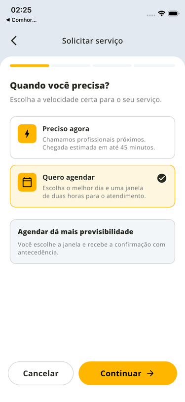 Tela para escolher serviço imediato ou agendado no ComHora